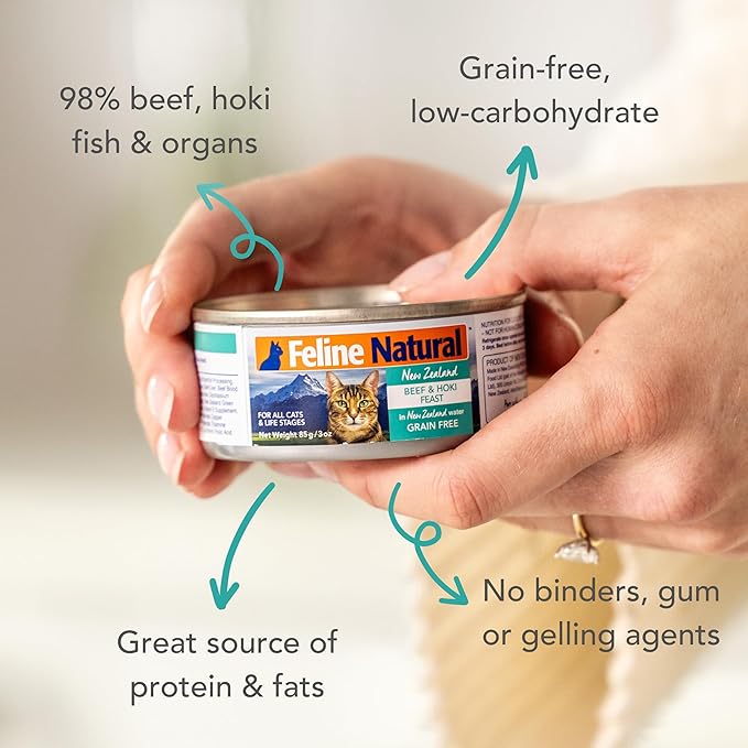 Feline Natural New Zealand Canned Catfood Wet Food, High-Meat, Low-Carb, & Grain Free Cat Food Wet, Beef & Hoki Feast, 3 oz, Pack of 24