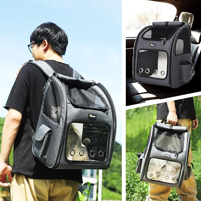 Hoopet Expandable Cat Backpack Carrier – Breathable Pet Carrier for Small Cats & Dogs, Foldable Travel Backpack with Mesh Ventilation for Hiking, Walking, Camping, Dark Grey