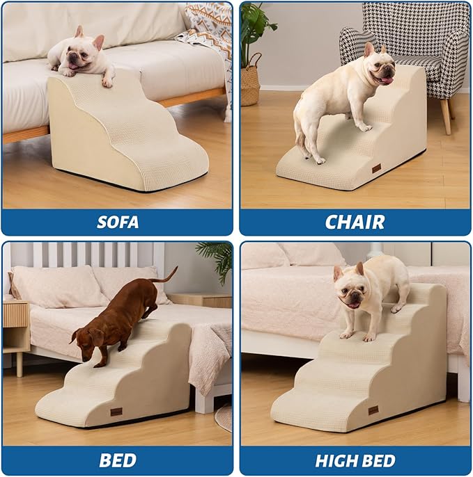 5-Step Dog Stairs and Ramp for High Bed,Non-Slip Sturdy Pet Steps for Small Dogs and Cats,22.2" H,Beige