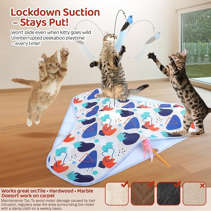 Interactive Cat Toys, Rechargeable Hide and Seek Cat Toys, Durable Stable Base Touch Activated Kitten Toy with Bird Cat Wand, Waving Concealed Feather Exercise Toy for Indoor Bored Cats/Kitten