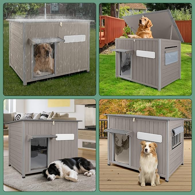 43.3" L Large Outdoor Dog House Weatherproof Doghouse for Medium to Large Dogs with Anti Bite Frames Wooden Dog Kennel with Window,8 Elevated Feet,Reinforced Bottom for Pet Up to 180 LBS