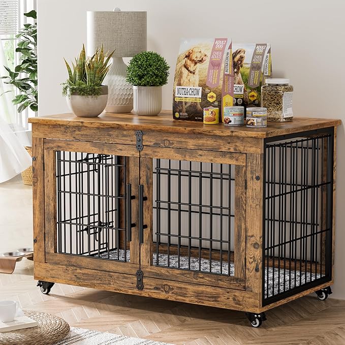 Lulive Dog Crate Furniture Set of 2, Dog Kennel Indoor Double Doors Wooden Dog Cage, 38'' Heavy Duty Dog Crate with Cushion & Wheels, End Table Pet House Chew-Resistant Up to 70 lb, Rustic Brown