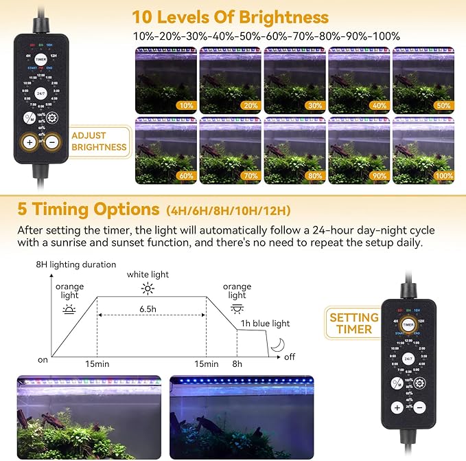 hygger 36W LED Aquarium Light, 36-42 Inch Fish Tank Light with Timer Auto On/Off, Sunrise Sunset Mode, Adjustable Brightness and Colors, Full Spectrum Light with Extendable Brackets for Freshwater