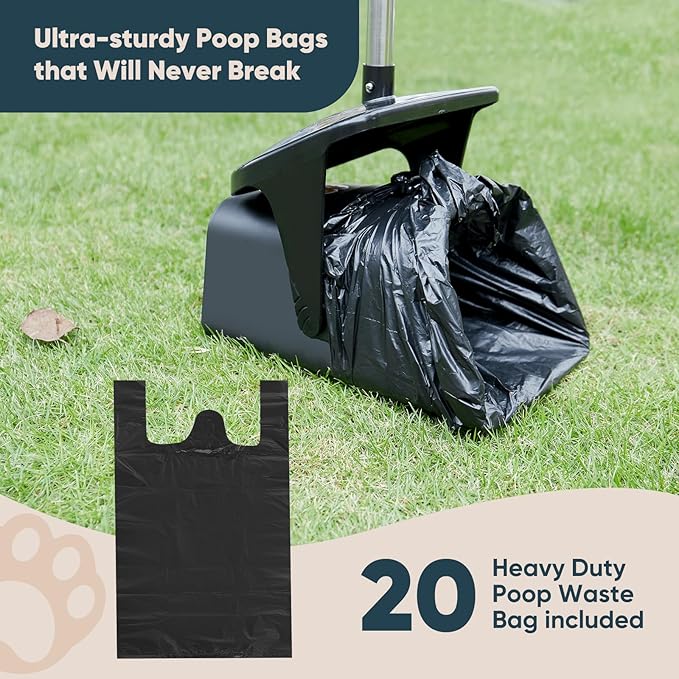 Stainless Steel Dog Pooper Scooper,40" Long Handle Swivel Bin and Rake,20 Waste Bags - Heavy Duty Portable Metal Poop Scooper for Large,Medium and Small Dogs