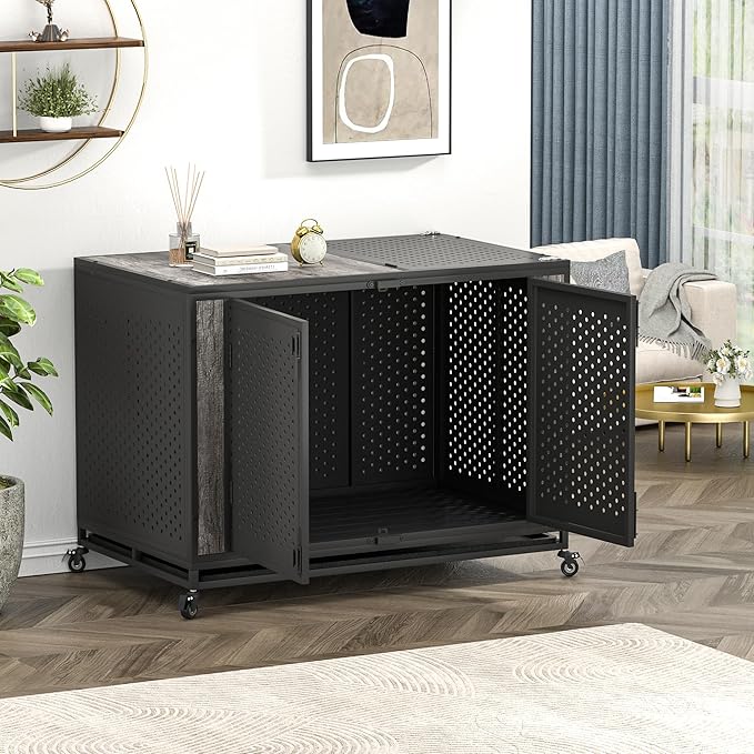 48" Heavy Duty Dog Crate Furniture for Extra Large Dogs, Enclosed Design with 0.5 inch Holes, Indestructible Metal Kennel for High Anxiety Dogs, Chew Proof Pet House Cage Indoor, Gray