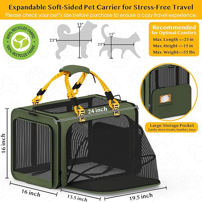 PAWZIDEA Expandable Large Pet Carrier, 24"X16"X16" Cat Carrier for 2 Cats, Collapsible Dog Travel Crate for Small Medium Dog, Soft-Sided Car Seat Cage Bag w/XL Storage Pocket, ID Card, Shoulder Strap