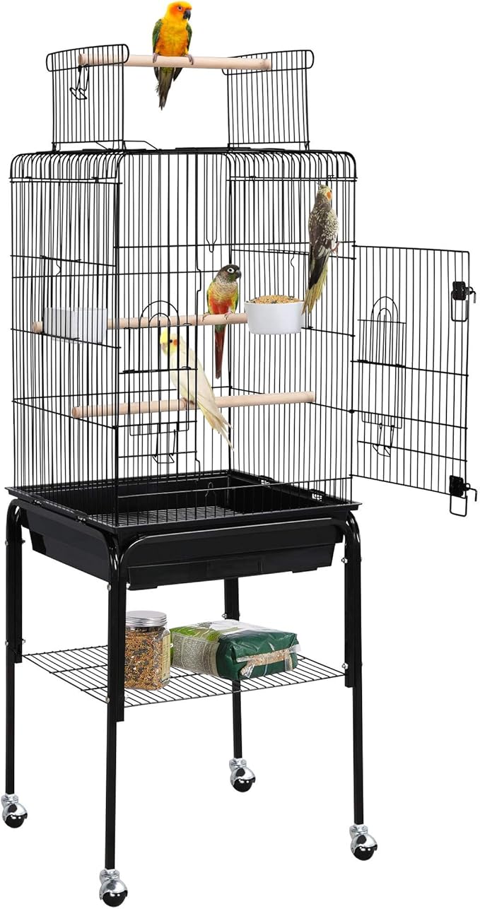 Yaheetech Open Top Rolling Parrot Bird Cage for Cockatiel Sun Parakeet Green Cheek Conure Mid-Sized Parrot Cage with Detachable Stand