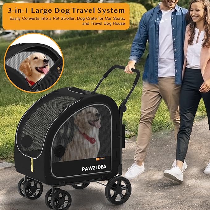 PAWZIDEA Dog Stroller for Large Dogs, Pet Stroller with Detachable Carrier for Portable Dog Crate for Car Seat, Foldable Dogs Jogger Strollers, All Terrain 9” Wheels, Adjustable Handle, Storage Bag