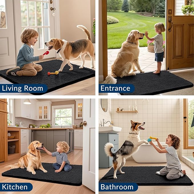 Smiry Dog Door Mat for Muddy Paws 48x30, Absorbs Moisture and Dirt Doormat, Non-Slip Washable Quick Dry Chenille Front Door Mat Indoor Entrance, Entryway Carpet for Inside Floor, Black