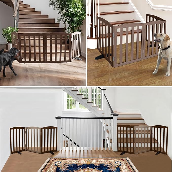ZJSF Foldable Freestanding Indoor Dog Gate for House Wood Long Pet Gates Dog Fence for Stairs Puppy Gates for Hallways, Puppy Gate,Support Feet Included, Brown, 24 "Height-3 Panels