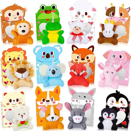 Sofier Valentines Day Gifts for Kids Classroom 24 Pack Card Boxes with Heart Window Mini Animal Toys Keychains Bulk for Boys Girls Classroom Exchange Party Favor School Teacher Student