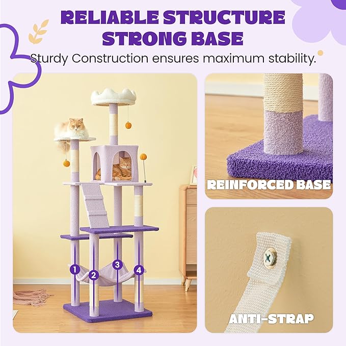 MWPO Flower Large Cat Tree, 70.1-Inch Multi-Level Tall Cat Tower for Indoor Cats, Plush Cat Condo with Big Padded Perches, Sisal-Covered Scratching Posts, Hammock, Toys for Kittens & Cats