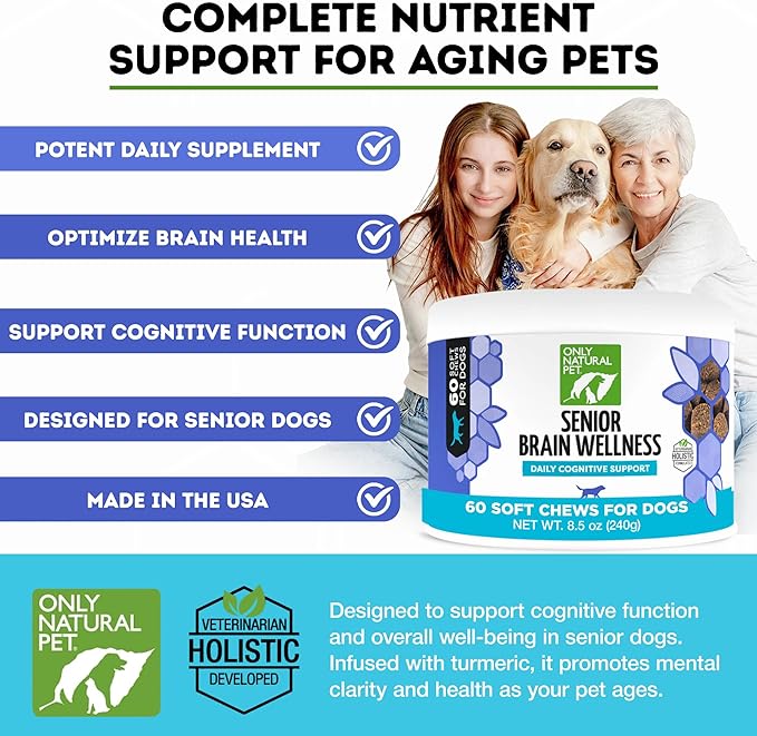 ONLY NATURAL PET Senior Brain Wellness Dog Chews - Small, Medium & Large Breeds, Toothless & Geriatric Dogs, Soft Chicken & Bacon Flavor Snacks, Baked Treats - 60 Count