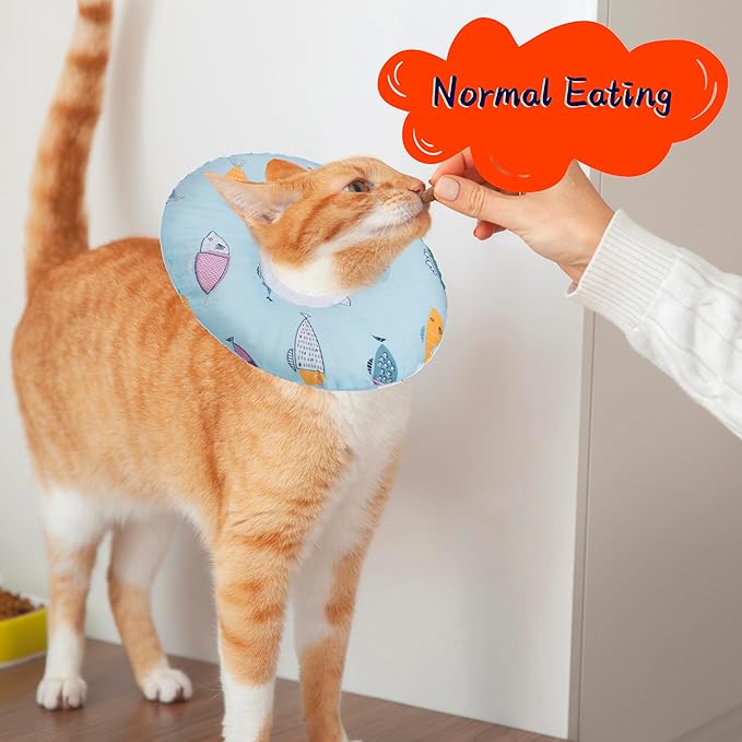 Cat Cone Collar Soft, Adjustable Cat Recovery Collars Kitten Cones to Stop Licking, Cute Donut Cones for Cats After Surgery, Elizabethan Collar for Kittens After Spay(Blue Fish, Large)