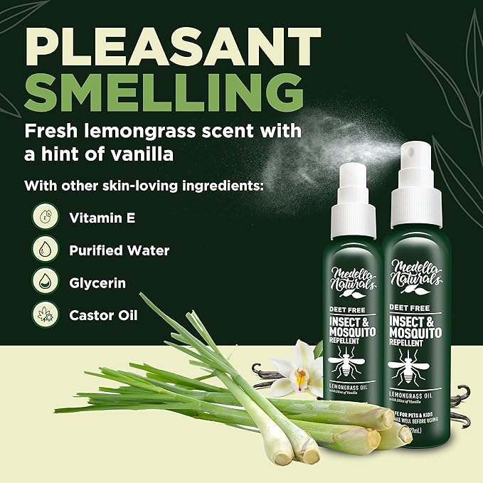 Deet-Free Insect & Mosquito Repellent Pack of 2 (8 oz) – Nice Smelling Insect Repellent with Lemongrass Oil Safe for Pets and Kids – Bug Spray for Mosquitoes, Gnats, Black Flies, and No-See-ums