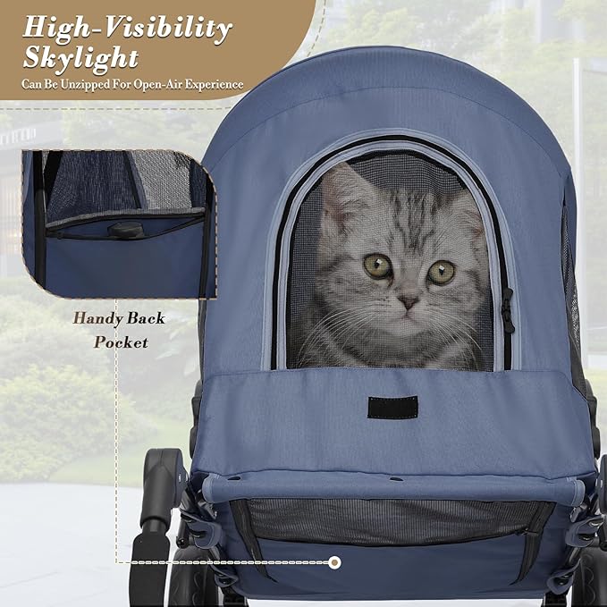Athena Collection 3 Wheels Pet Stroller Fabric Dog Cart Dog Stroller for Large Dogs 55 Lbs Pet Stroller with Mesh Windows, Zipper Back Pocket, Safety Tether, Angle Adjustable Handlebar, Navy Blue