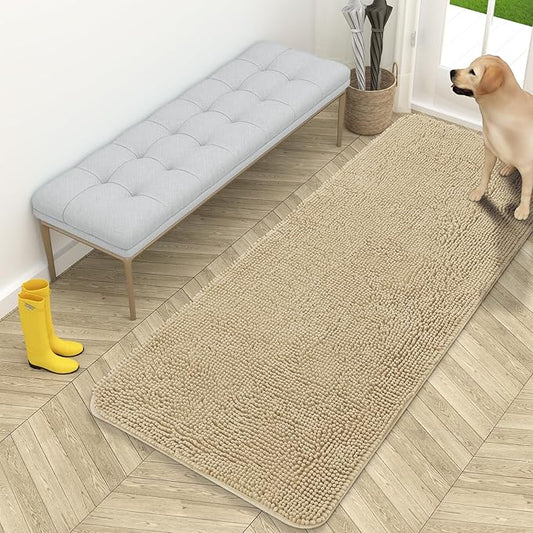 OLANLY Dog Door Mat for Muddy Paws 59x24, Absorbs Moisture and Dirt, Absorbent Non-Slip Washable Doormat, Quick Dry Chenille Mud Mat for Dogs, Entry Indoor Entryway Carpet for Inside Floor, Beige