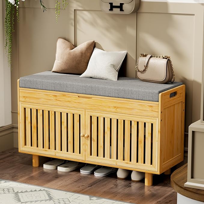 Shoe Storage Bench, Bamboo Entryway Bench with 2 Doors & Padded Seat Cushion, 35.4" W x 12.6" D x 19.7" H, 2-Tier Shoe Rack with Lift Top Hidden Storage, for Entryway, Living Room, Bedroom, Natural