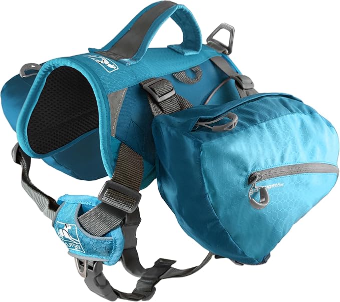 Kurgo Big Baxter Dog Backpack, Dog Saddlebag Pack for Pets, Adjustable Saddlebag for Hiking, Walking, Running, Camping, Coastal Blue