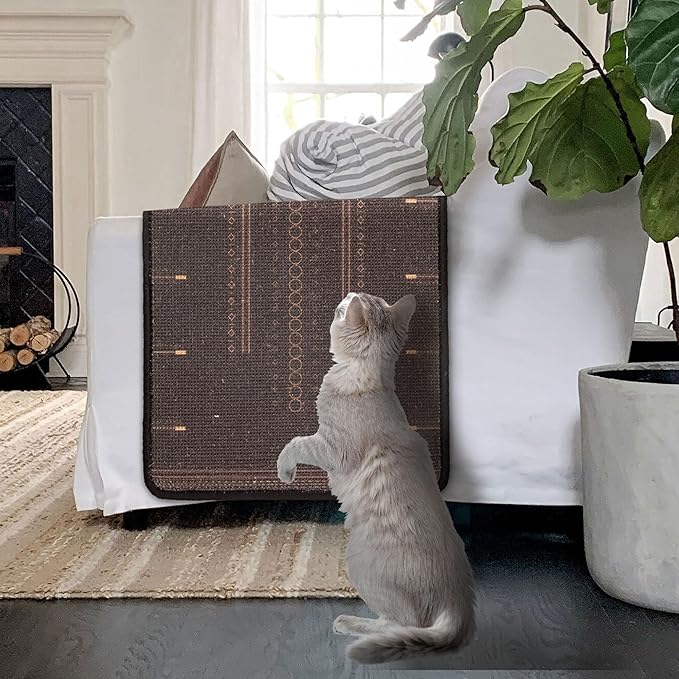 SCRATCHABLE Sisal Cat Scratcher, [+ Catnip Fish Toy] Cat Wall Scratcher, Couch Protector from Cat Scratching, 24 X 15.8 with 12 Adhesive Velcro Stripes. (Black Patterns)