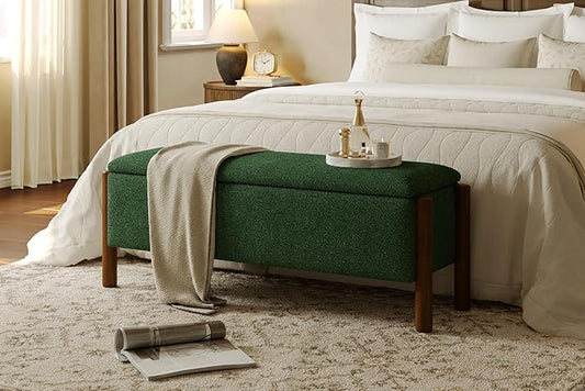 Modern Storage Benches with Walnut Wood Legs, 47'' Ottoman Bench with 20 Gallons Storage Space for Bedroom End of Bed, Fabric Upholstered Entryway Bench with Seating for Livingroom, Green