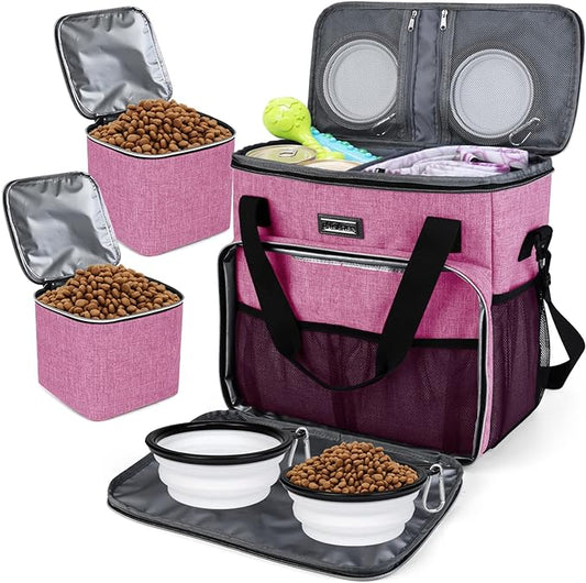 BAGLHER Dog Travel Bag, Pet Travel Bag (ALL Pet Travel Supplies), With 2 Pet Food Containers and 2 Collapsible Silicone Bowls; Essential Kits for Pet Travel Pink