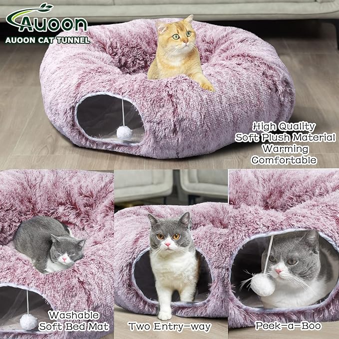 AUOON Cat Tunnel Bed for Indoor Cats - Circle Peekaboo Cat Cave with Washable Mat for Indoor Cats Kitten Kitty Puppy Rabbit Ferret (Rosiness)