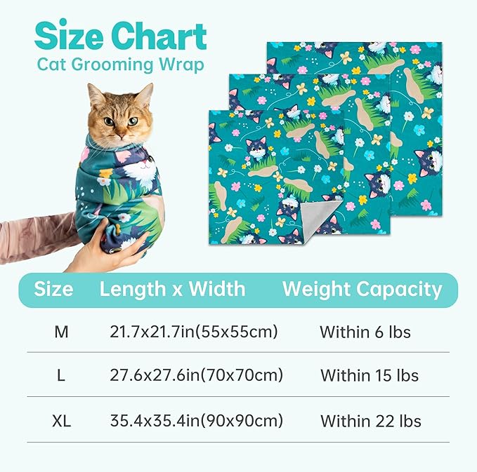 Cat Grooming Wrap, Cat Wrap for Cutting Nails, Self-Adherent Fabric Wrap for Cats, Cat Burrito Wrap Anti-Scratch, Anti-Escape, Multifunctional Swaddle Wrap Pet Tool 35.4×35.4"