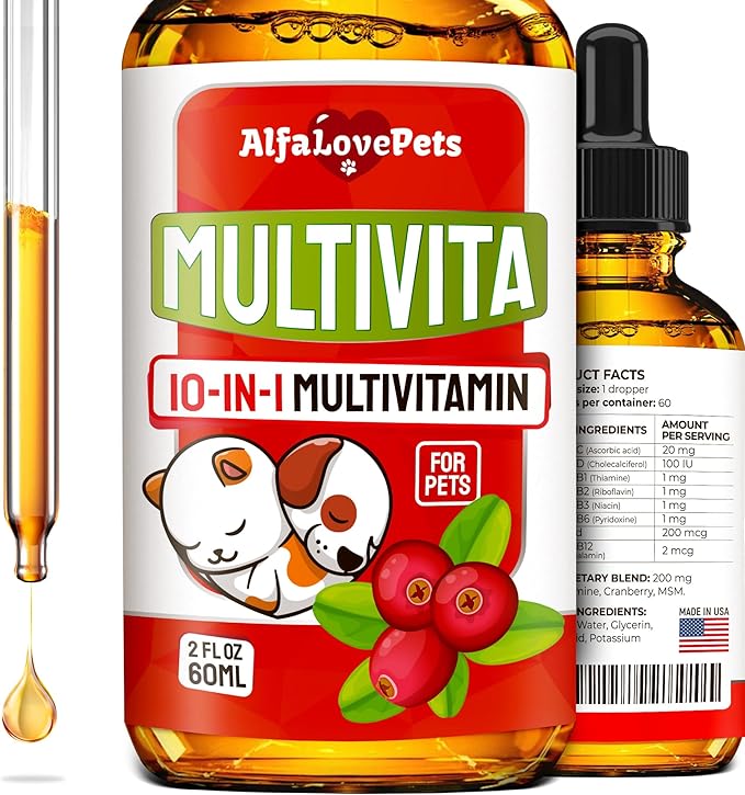 Liquid Multivitamin for Dogs – Cat Multivitamins for Indoor Cats – 10-in-1 Liquid Dog Vitamins B Complex, C, D3 – Digestion, Urination, Hip & Joint, Skin & Coat – Cranberry Flavor – 2 Oz