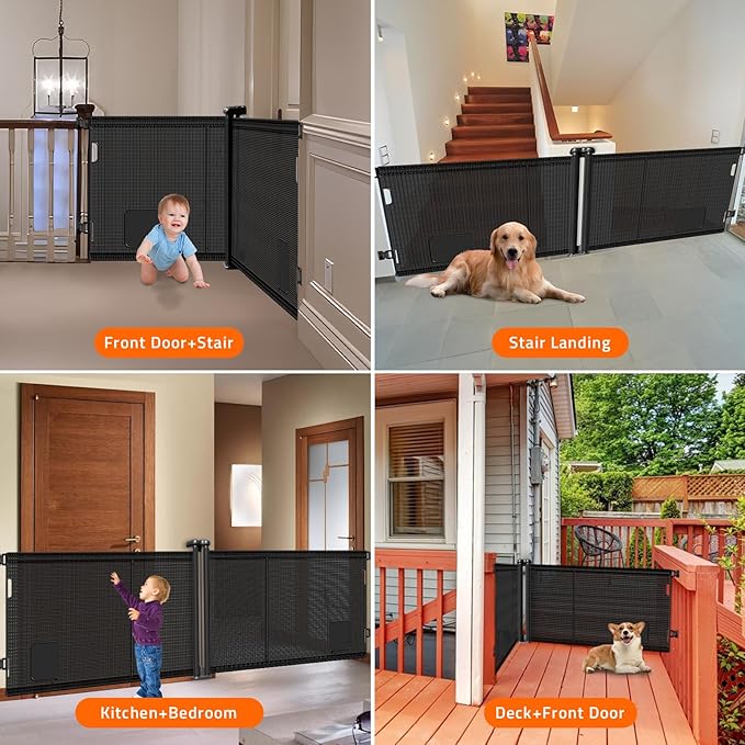 2-in-1 Retractable Baby Gates, 41" Tall Mesh Dog Gate with Cat Door 1-Pack, One Side Up to 71" Wide, Total 142" Wide, Long Retractable Pet Gate for Stairs Landing Indoor Outdoor-Black