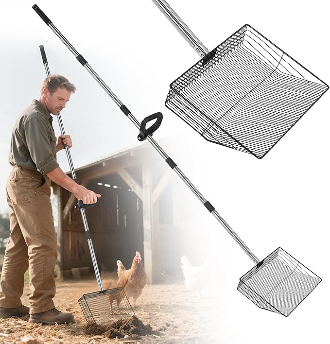 15" Widely Chicken Coop Poop Scooper- Ergonomic Chicken Poop Scooper with 38" to 77" Adjustable Long Handle, Extra-Large Scoop for Sand and Litter, Easy-to-Clean, Multi-Scene Use for Poultry