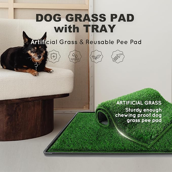 Dog Grass Pad with Tray Small 23" x 16", Ultra-Absorbent Artificial Grass Pad for Dogs Potty(No Grate)Grass Hemmed Edge for Indoor Potty Training Reusable Puppy Pads Dog Litter Box Balcony