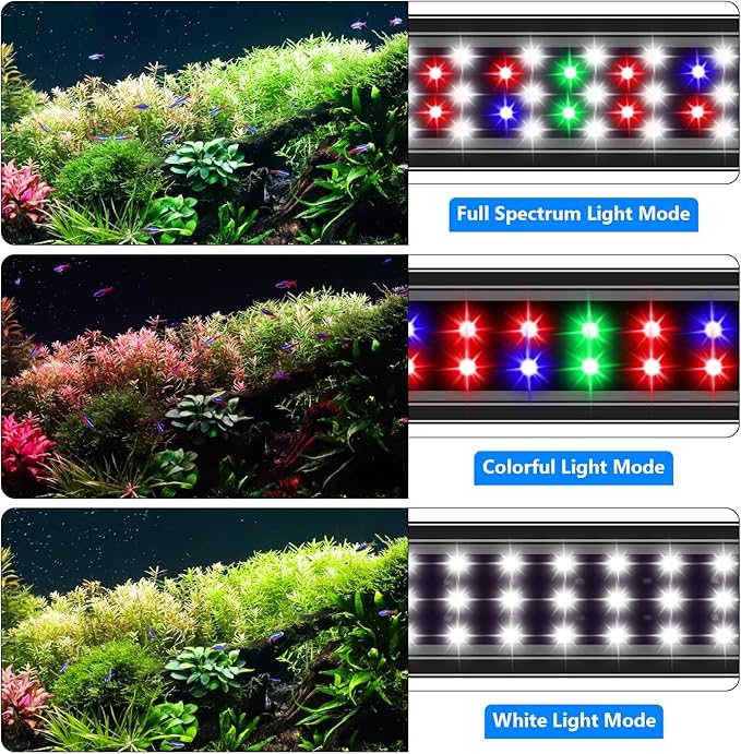 AQQA Full Spectrum Aquarium Light, Fish Tank Lights for Plant Growth Fish Viewing,3 Mode White Blue Red Green LED beads,Timer,Adjustable Brightness,Extendable Brackets for Freshwater 14W for 12-18inch