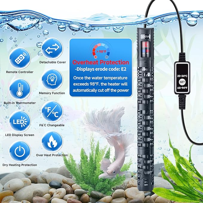 Aquarium Heater Submersible Fish Tank 200W& Turtle Tank Heater with External Adjustment Controller, Included Thermometer, LED Display, Overheat Protection, Detachable Cover, for Saltwater&Freshwater