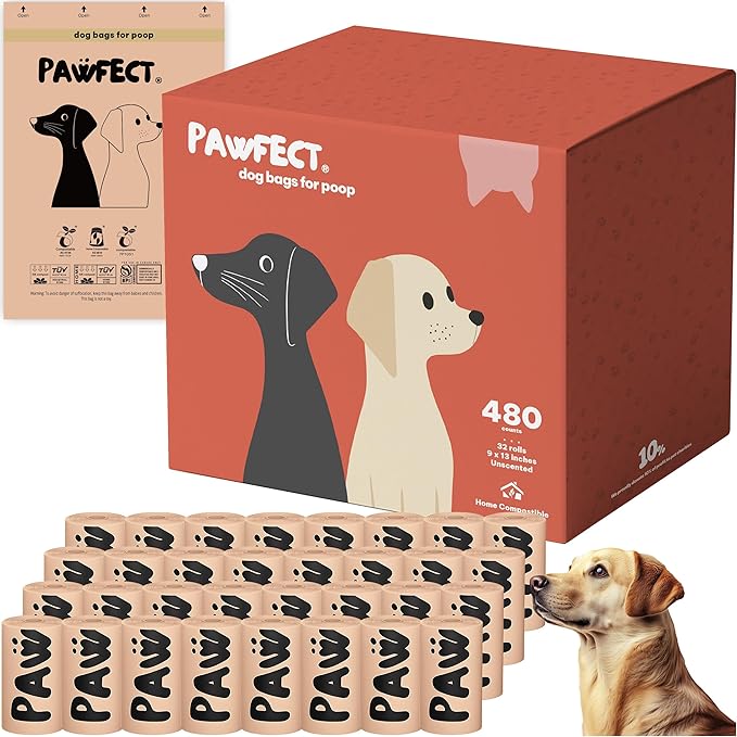 Pawfect Dog Poop Bags Rolls - Biodegradable Doggie Bags, Compostable Dog Waste Bags, BPI Certified Pet Waste Bags, Unscented, Large, Puppy Poo, Earth Friendly, Bolsas de Basura (480 counts)