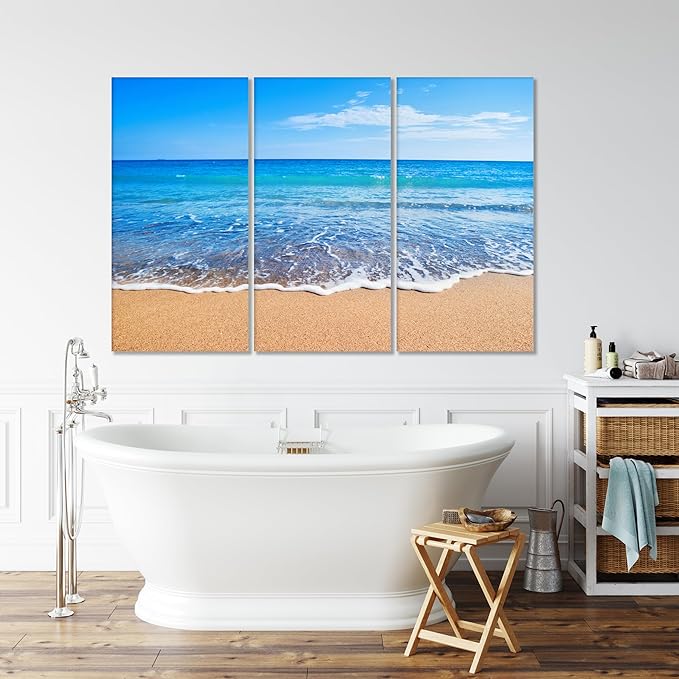 Nature Wall Art Prints - Ocean Forest Mountain Lake Canvas Landscapes - Small to Extra Large Living Room Bedroom Kitchen Bathroom Décor (Sandy Ocean Beach, 47L" x 71W" - 3 panels)