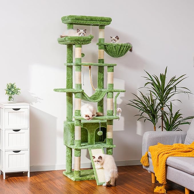 Heybly Tall Cat Tree,78 inch Multi-Level Cat Tower for Indoor Cats, 2 Widened Plush Perches Cat Condo with Scratching Board and Big Caves, Green HCT033GR