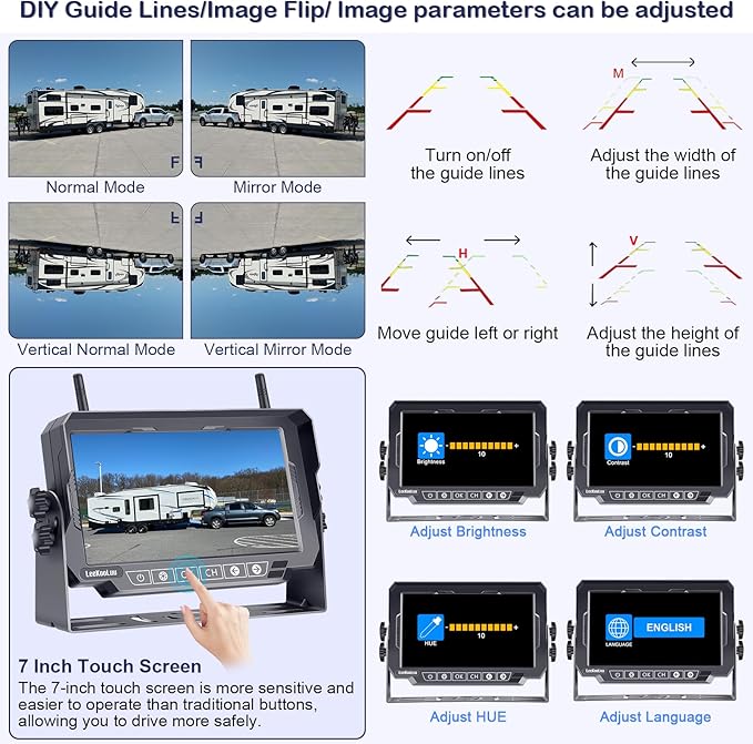 Dual RV Backup Cameras Wireless - Ease Install Plug-Play Recording HD 1080P 7'' Touch Key Monitor Trailer Truck Rear View Cam Night Vision Signal No-Delay 4 Channels for Furrion Pre-Wired Mount