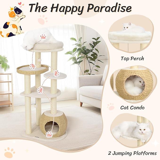 KAMABOKO Modern Cat Tree, 53" Cat Tower for Indoor Cats Natural Sisal Scratching Posts, Hand-Woven Condo & Top Perch, Cat Tree Tower for Kittens Climb Play & Rest