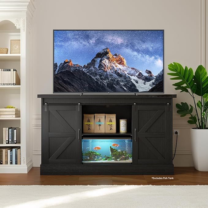 55-75 Gallon Fish Tank Stand with Sliding Barn Doors & Power Outlet, Heavy Duty Aquarium Stand with Cabinet Storage for Fish Tank, Turtle Tank, Reptile Terrarium, 1000LBS Capacity, Black