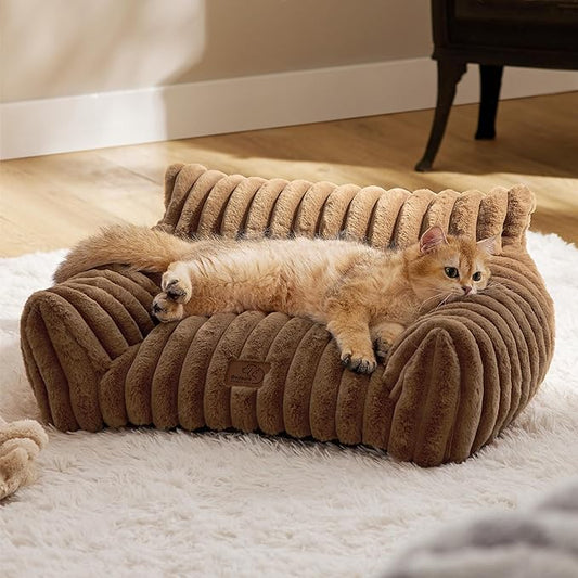 Bedsure Cute Cat Couch for Pets - Fluffy Cat Sofa with Premium Soft Corduroy Fleece, Fuzzy Pet Couch Bed with Removable Washable Cover, Supportive Pet Chair for Indoor Cats, 24inch, Copper Brown