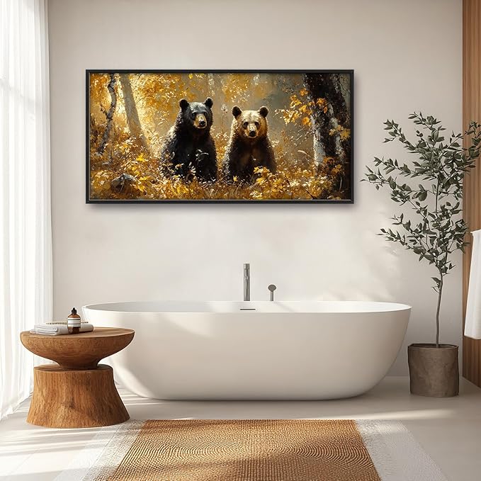 Large Forest Bear Wall Art for Living Room, Black Bear Autumn Canvas Oversized Wall Decor, Wildlife Framed Pictures Painting Print Artwork for Bedroom Office 60L" x 30W"