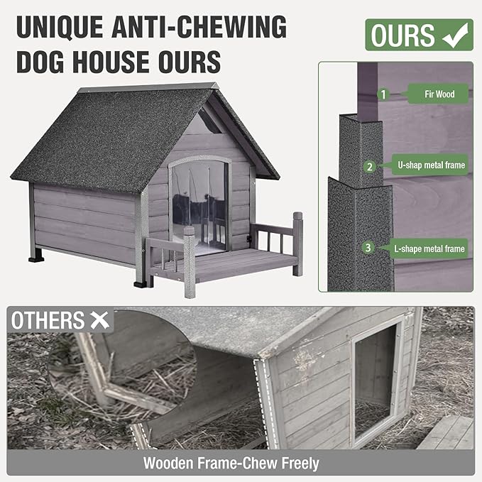 Dog House Outdoor Insulated for Winter, Puppy Kennel with Anti-Chewing Iron Frame, Weatherproof Dog Crate with Insulated Liner for Small Medium Large Dogs (Grey, 45" x 32.9" x 32.6")