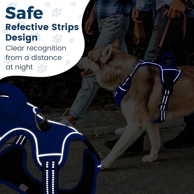 Funfox Dog Harness No Pull, Adjustable Pet Vest Harness, Super Soft Material with Vertical Handle Easy Control, Reflective Night Walking, 2 Leash Clips for XLarge Dogs, Blue, XL