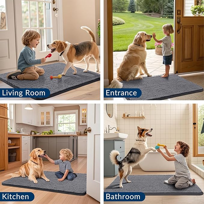 Smiry Dog Door Mat for Muddy Paws 70x24, Absorbs Moisture and Dirt Doormat, Non-Slip Washable Quick Dry Chenille Front Door Mat Indoor Entrance, Entryway Carpet for Inside Floor, Dark Grey