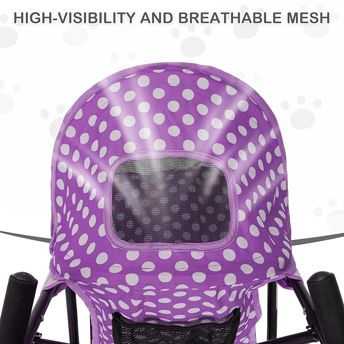 MoNiBloom 4 Wheels Pet Stroller, Easy-Fold Umbrella Shaped Dog Cat Jogger Stroller w/Storage Bag & Visible Mesh for Small/Medium Dogs Cats Purple Polka Dots