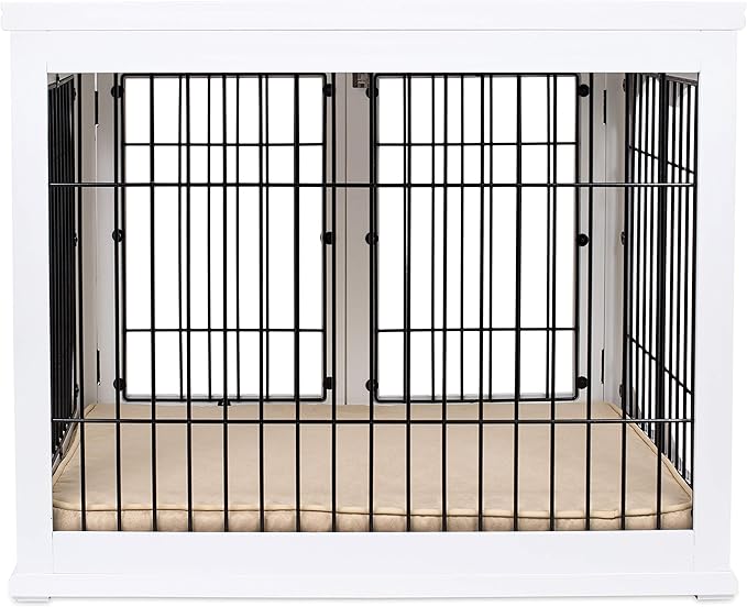 INTERNET'S BEST Decorative Dog Kennel with Pet Bed, Small Pet House, Double Door Indoor Crate, Engineered Wood & Wire Furniture, Side Table & Nightstand, Fits Small Dogs - White