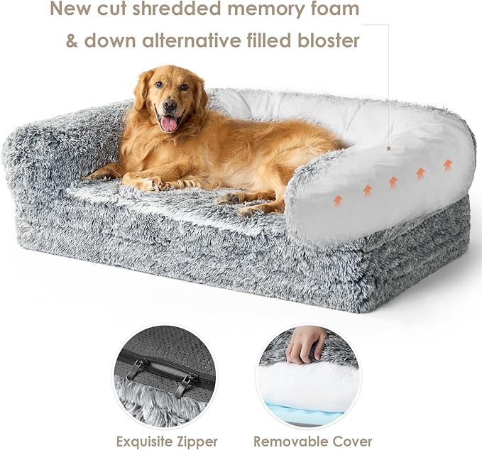 EHEYCIGA Foldable Human Dog Bed, Orthopedic Memory Foam Human Sized Dog Bed, Waterproof Pet Bed for People, Faux Fur Pet Couch for Adult, Grey, 72"x44"x11"