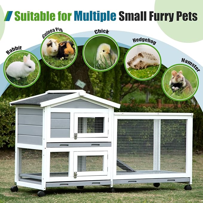Rabbit Hutch, Indoor Cage Outdoor Two Story Bunny with Asphalt Roof Guinea Pig with Removable No Leaking Tray, Ramp, Pet House for Small Animals