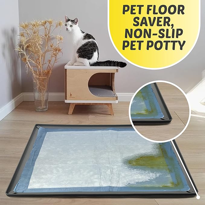 Skywin TidyFriend Dog Pee Pad Holder Tray Fits for 30” x 36” Pee Pads with Corner Lock Holes, Raised Edges, Non-Spill, Easy to Clean Silicone Dog Potty Tray Holder, for Indoor Floor Protection (Grey)